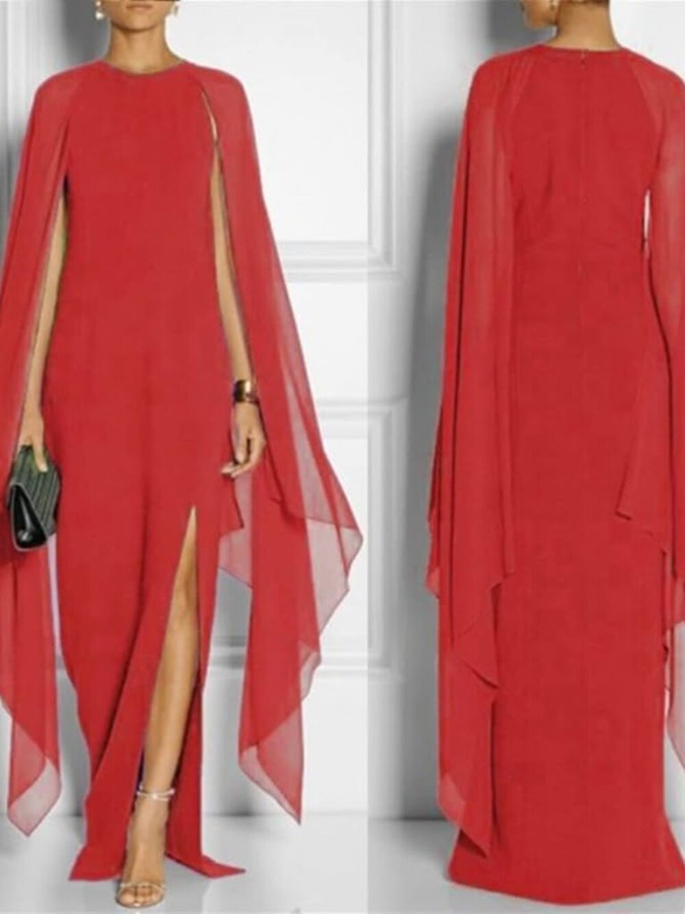 Red Mock Neck Maxi Dress w/Leg Slit & Chiffon Cape Panels Dress 2XL
